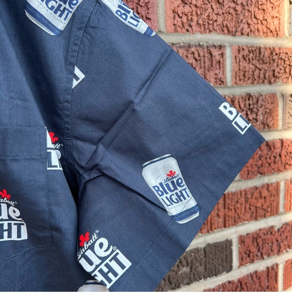 Blue Light Navy Blue Beer Can Graphic Button Down Collared Short Sleeve Shirt - Picture 4 of 4
